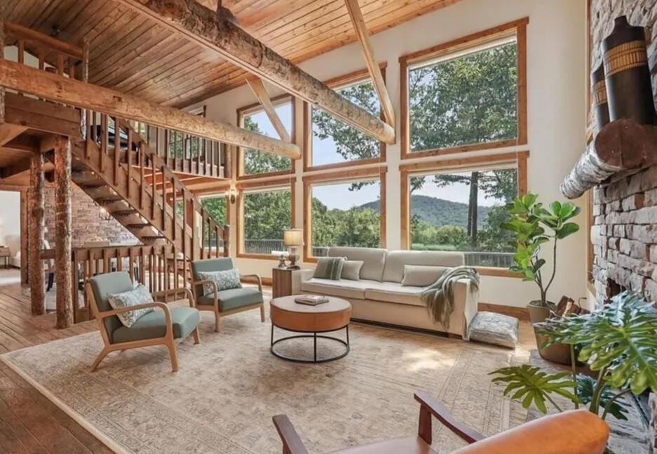 Big Canoe Staging Project. My inspiration was the stunning view, stone fireplace and exposed beams.